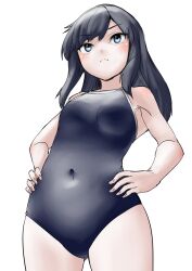 Rule 34 | 1girl, 30-06, asashio (kancolle), black hair, black one-piece swimsuit, blue eyes, competition school swimsuit, covered navel, cowboy shot, from below, hands on own hips, highres, kantai collection, long hair, one-piece swimsuit, school swimsuit, simple background, solo, swimsuit, white background