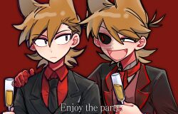 2boys :d antenna_hair black_jacket black_sclera brown_eyes brown_hair burn_scar buttons buwangchuxingaoyixin chinese_commentary closed_mouth collared_shirt colored_sclera commentary_request cup drinking_glass dual_persona eddsworld english_text fang future_tord_(eddsworld) hair_behind_ear hair_between_eyes hair_horns hand_on_another&#039;s_shoulder hand_up hands_up highres holding holding_cup jacket lapels light_frown looking_at_another male_focus mechanical_arms medium_hair mismatched_sclera multiple_boys open_mouth red_background red_shirt red_vest scar shirt simple_background single_mechanical_arm smile swept_bangs time_paradox tongue tord_(eddsworld) uneven_eyes upper_body vest wine_glass