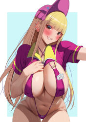 1girl absurdres akihiro0920 ballpark_de_tsukamaete! baseball_cap bikini bikini_under_clothes blonde_hair blunt_bangs blush breasts breasts_squeezed_together cleavage clothes_lift collared_shirt covered_erect_nipples ear_piercing earrings grin hand_on_own_chest hat highres huge_breasts jewelry lifting_own_clothes navel piercing ruriko_(ballpark_de_tsukamaete!) shirt shirt_lift short_sleeves slingshot_swimsuit smile solo stud_earrings swimsuit thighs wet