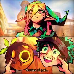 absurdres alpharecdyt blonde_hair blue_eyes boku_no_hero_academia bones_(company) child choose crossover curly_hair deku_link deku_mask dekuck_(meme) dragon_ball freckles green_hair hat highres link looking_down market mcdonald&#039;s messy_hair midoriya_izuku nintendo pointy_ears shota shounen_jump smile son_goku tears teeth the_legend_of_zelda the_legend_of_zelda:_majora&#039;s_mask toei_animation young_link