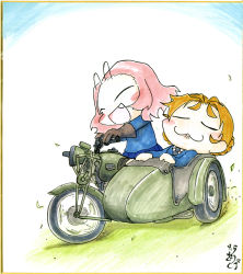 2girls :3 absurdres black_necktie blush fang friedchicken_(huzimizawa) girls_und_panzer gloves highres medium_hair motor_vehicle motorcycle multiple_girls necktie orange_hair orange_pekoe_(girls_und_panzer) pink_hair rosehip_(girls_und_panzer) shikishi sidecar thick_eyebrows traditional_media vehicle_focus wheel