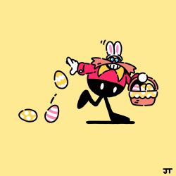 Rule 34 | 1boy, animal ears, basket, black pants, commentary, dr. eggman, dropping, easter, easter egg, egg, english commentary, facial hair, fake animal ears, full body, glasses, gloves, grin, happy, highres, holding, holding basket, jacket, james turner, leg up, long sleeves, looking at viewer, male focus, motion lines, mustache, opaque glasses, pants, rabbit ears, red jacket, round eyewear, signature, simple background, smile, solo, sonic (series), sonic the hedgehog (classic), standing, standing on one leg, teeth, white gloves, yellow background