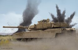 1girl artist_name cloud dated dead-robot explosion grass helmet hill m1_abrams military military_uniform military_vehicle motor_vehicle original sky soldier solo tank war