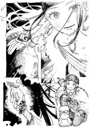 1girl absurdres asirpa coat golden_kamuy hat highres holding_hands kome_uo monochrome multiple_views on_one_knee quiver