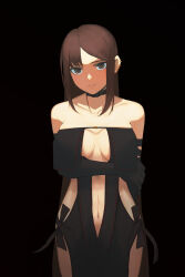 Rule 34 | 1girl, absurdres, arms under breasts, black background, breasts, brown eyes, brown hair, choker, cleavage, collarbone, dress, drop shadow, dxsyotyu, fate/grand order, fate (series), highres, long hair, looking at viewer, medium breasts, navel, no bra, no panties, revealing clothes, solo, strapless, strapless dress, yu mei-ren (fate), yu mei-ren (second ascension) (fate)