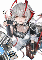 1girl arknights black_gloves black_skirt breasts brown_eyes cleavage doctor_(arknights) fingerless_gloves gloves grey_hair hanging_breasts highres horns kneeling large_breasts multicolored_hair red_horns red_streaks skirt smile solo_focus tongue tongue_out two-tone_hair w_(arknights) watanab1019 white_background wis&#039;adel_(arknights) wis&#039;adel_(supernova)_(arknights)