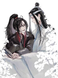 1010923 2boys ahoge black_hair black_hanfu book chinese_clothes closed_mouth grey_eyes hand_on_own_cheek hand_on_own_face hanfu head_rest headband high_ponytail highres holding holding_book holding_hands lan_wangji leaf long_hair long_sleeves looking_at_another male_focus modao_zushi multiple_boys open_book open_mouth plant ponytail reading robe sidelocks signature simple_background sitting sleeves_past_wrists smile topknot twitter_username upper_body wei_wuxian white_background white_hanfu white_headband wide_sleeves xiao_guan_(headdress) yaoi
