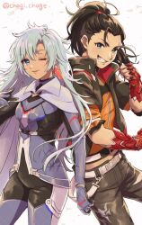 1boy 1girl black_hair black_jacket black_pants blue_eyes capelet chagi_chage character_request cow gauntlets green_hair high_ponytail highres jacket long_hair missing_commentary open_clothes open_jacket pants ponytail twitter_username white_capelet xenoblade_chronicles_(series) xenoblade_chronicles_3 xenoblade_chronicles_3:_future_redeemed