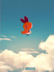 1girl artist_name black_shoes blossom_(ppg) blue_sky blunt_ends bow child cloud commentary_request dress english_text facing_away floating full_body hair_bow hair_ornament hairclip heart heart_hair_ornament highres korokor59513559 long_hair mary_janes noinoichebura orange_hair pantyhose pink_dress ponytail powerpuff_girls red_bow shoes sky sleeveless sleeveless_dress solo striped_clothes striped_dress twitter_username watermark white_pantyhose