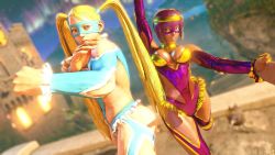 2019 2girls 3d ancient_egyptian artist_request ass ass_cutout aurora bandages blonde_hair blue_eyes blush boots breasts clothing_cutout cosplay curvy dark-skinned_female dark_skin domino_mask highleg highleg_leotard hip_focus leotard looking_away mask menat multiple_girls purple_hair rainbow_mika rainbow_mika_(cosplay) shiny_skin smile street_fighter street_fighter_v thick_thighs thighs thong thong_leotard twintails wide_hips