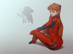 1girl absurdres ass blue_eyes bodysuit breasts brown_hair curvy full_body grey_background highres huge_ass logo long_hair looking_at_viewer looking_back mecha_pilot_suit neon_genesis_evangelion open_mouth plugsuit_(evangelion) red_bodysuit sanefox shiny_clothes smile souryuu_asuka_langley wide_hips