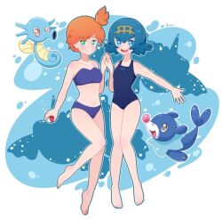 2girls aqua_eyes asymmetrical_hair bikini blue_bikini blue_eyes blue_hair breasts gen_1_pokemon gen_7_pokemon green_eyes hairband horsea karina_kutoki lana_(pokemon) looking_at_viewer medium_breasts misty_(pokemon) multiple_girls navel nintendo one-piece_swimsuit orange_hair poke_ball pokemon pokemon_(anime) pokemon_(creature) pokemon_sm042 pokemon_sm_(anime) ponytail popplio short_hair side_ponytail small_breasts smile swimsuit trial_captain water