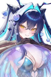 1girl aqua_hair black_hair blue_bustier blue_hair blush breasts bubble bubble_hair_ornament cleavage closed_mouth clothing_cutout colored_inner_hair dongtan_dress dress goddess_of_victory:_nikke green_hair hair_intakes highres holding_bubble large_breasts little_mermaid_(abyss_flower)_(nikke) little_mermaid_(nikke) long_hair looking_at_viewer meme_attire meraring multicolored_hair official_alternate_costume pearl_hair_ornament see-through_cleavage see-through_clothes see-through_dress smile solo two-tone_hair upper_body very_long_hair yellow_eyes