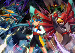 2boys 2others alternate_form android arm_cannon armor attack aura bodysuit brown_eyes brown_hair capcom claws colored_sclera cover electricity falzar_(mega_man_battle_network) full_armor gloves glowing glowing_eyes green_eyes gregar_(mega_man_battle_network) helmet highres lan_hikari_(mega_man) light_frown lightning looking_at_viewer mechanical_arms mega_man_(series) mega_man_battle_network mega_man_battle_network_(series) mega_man_battle_network_5 megaman.exe multiple_boys multiple_others multiple_views netnavi novady purple_sclera red_eyes robot sharp_teeth short_hair smile tail teeth video_game_cover weapon