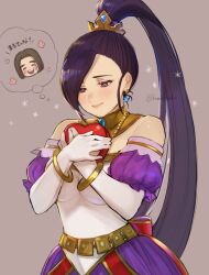 1girl bare_shoulders blue_gemstone box bracelet breasts brown_hair closed_eyes commentary_request detached_sleeves dragon_quest dragon_quest_xi dress earrings gem gloves gold_bracelet gold_hair_tie gold_necklace grey_background heart-shaped_box hero_(dq11) high_ponytail highres holding holding_box image_in_thought_bubble jewelry kimidori_(kimidoriri) large_breasts light_blush martina_(dq11) medium_hair multicolored_dress necklace official_alternate_costume open_mouth parted_hair ponytail puffy_short_sleeves puffy_sleeves purple_dress purple_eyes purple_hair purple_sleeves short_sleeves smile speech_bubble sphere_earrings strapless strapless_dress thought_bubble translation_request twitter_username upper_body white_dress white_gloves