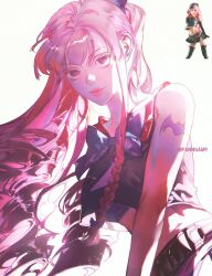 Rule 34 | 1girl, bare shoulders, black eyes, drill hair, highres, korean commentary, long hair, midriff, one piece, panngam9, perona, pink hair, shoulder tattoo, solo, tattoo, white background