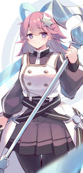 1girl absurdres blush breasts closed_mouth duel_monster exosister_kaspitell exosister_stella glaive_(polearm) hair_ornament highres holding holding_polearm holding_weapon kanzakietc long_hair looking_at_viewer medium_breasts polearm purple_eyes siblings simple_background sisters smile solo star_(symbol) star_hair_ornament weapon white_background yu-gi-oh!