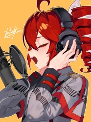 1girl absurdres ahoge black_sleeve_cuffs bow closed_eyes drill_hair fingernails from_side grey_jacket hair_bow hair_ribbon hands_up headphones highres jacket kasane_teto kasane_teto_(sv) layered_sleeves microphone musical_staff musical_staff_print open_mouth orange_background pop_filter qwas69 recording_audio red_hair red_trim ribbon solo striped_clothes striped_jacket studio_microphone synthesizer_v teeth twin_drills upper_body upper_teeth_only utau white_bow white_ribbon