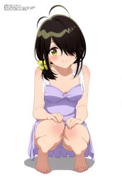 Rule 34 | 1girl, absurdres, artist request, copyright name, copyright notice, dress, feet, highres, looking at viewer, magazine scan, megami magazine, official art, panties, purple dress, scan, shiunji-ke no kodomo-tachi, shiunji kotono, simple background, solo, squatting, underwear, white background, yellow eyes