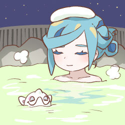 1boy aqua_hair bathing cetoddle chibi closed_eyes closed_mouth collarbone commentary_request grusha_(pokemon) lowres male_focus min_(myna8247) night nintendo onsen outdoors pokemon pokemon_(creature) pokemon_sv rock sky star_(sky) towel towel_on_head water