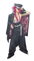 Rule 34 | 1boy, adjusting clothes, adjusting headwear, asa no ha (pattern), banchou, belt, black coat, black gloves, black hakama, black hat, black jacket, black shoes, cherry blossom print, coat, coat on shoulders, collarbone, cornrows, delinquent, dr.k (doctorkodok), fingerless gloves, floral print, floral print jacket, full body, gakuran, genderswap, genderswap (ftm), gloves, hair between eyes, hair over shoulder, hakama, hand in pocket, hand up, hat, high-waist pants, highres, jacket, jacket lining, japanese clothes, jewelry, kimi no koto ga dai dai dai dai daisuki na 100-nin no kanojo, long belt, long hair, long hair between eyes, looking at viewer, male focus, midriff sarashi, mouth hold, narrow waist, necklace, nipples, open mouth, pants, peaked cap, pectorals, pink coat, pink hair, print coat, red eyes, sarashi, school uniform, shoes, simple background, slit pupils, smile, solo, spiked hair, standing, tokkoufuku, tomogara saki, very long hair, white background, white belt, wolf cut