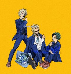 3boys all_might bakugou_katsuki belt black_belt black_shoes black_suit blonde_hair blue_flower blue_jacket blue_pants blue_rose blue_suit boku_no_hero_academia boots bouquet brown_boots brown_shoes clenched_hand collared_shirt crossed_legs f_(sharp_na_subago) facial_scar flower formal_clothes furrowed_brow green_hair grin hair_between_eyes hugging_own_legs jacket male_focus midoriya_izuku multiple_boys neck_ribbon open_mouth orange_background pants parted_bangs ribbon rose scar scar_on_cheek scar_on_face scar_on_hand sharp_na_ago shirt shoes short_hair shouting sitting smile spiked_hair standing suit suit_jacket sweatdrop teeth white_shirt