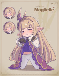 1girl absurdres blonde_hair blush clothes_lift commentary_request commission dress dress_lift flat_chest granblue_fantasy hairband harvin highres kneeling long_hair looking_at_viewer maglielle_(granblue_fantasy:_relink) multiple_expressions patotyan pixiv_commission pointy_ears red_eyes thick_eyebrows very_long_hair
