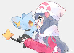 1girl absurdres beanie blue_eyes blue_fur blue_hair coat dawn_(pokemon) fluffy gen_4_pokemon hair_ornament hairclip hat highres holding holding_pokemon koitshi nintendo pink_coat pokemon pokemon_(creature) pokemon_dppt pokemon_platinum scarf shinx white_background white_hat white_scarf yellow_pupils