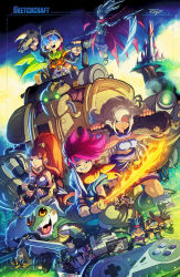 1990s_(style) 3boys 3girls ayla_(chrono_trigger) bow_(weapon) breasts cape castle character_doll character_request chrono_(series) chrono_trigger cleavage cliff club_(weapon) controller cover crono_(chrono_trigger) crossbow doll everyone fire flaming_sword flaming_weapon frog frog_(chrono_trigger) game_cartridge game_console game_controller glasses grass headband helmet highres looking_at_viewer lucca_ashtear magus_(chrono_trigger) marle_(chrono_trigger) medium_breasts monster_boy multiple_boys multiple_girls nintendo ponytail retro_artstyle rob_duenas robo_(chrono_trigger) robot scarf scythe smile spiked_hair square_enix stuffed_toy super_nintendo sword video_game video_game_cover weapon