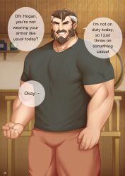 1boy afk_(series) afk_journey bara beard biceps black_shirt brown_pants clenched_hand commentary facial_hair grin highres hogan_(afk) looking_at_viewer male_focus multicolored_hair muscular muscular_male mustache pants shirt signature smile speech_bubble symbol-only_commentary zammonv