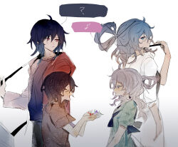 Rule 34 | 2girls, ?, ahoge, black hair, blue dress, blue eyes, blue hair, blush, cerevevisiae, closed eyes, closed mouth, commentary request, dress, hair between eyes, hair rings, kaku seiga, long hair, looking at another, miyako yoshika, multiple girls, profile, red eyes, red shirt, shirt, short hair, short sleeves, smile, spoken question mark, touhou, upper body, white background