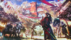 3boys 5girls architecture armor artist_request au_ra bird black_gloves black_hair blue_sky breastplate building cherry_blossoms city cloud company_name copyright_name dark_knight_(final_fantasy) day dragoon_(final_fantasy) east_asian_architecture elbow_gloves falling_petals final_fantasy final_fantasy_xiv fingerless_gloves flower from_below gate gloves hair_flower hair_ornament highres hrothgar hyur japanese_clothes katana kimono lalafell lantern long_hair miqo&#039;te mitsudomoe_(shape) monk_(final_fantasy) multiple_boys multiple_girls ninja_(final_fantasy) official_art outdoors paladin_(final_fantasy) paper_lantern pauldrons petals ponytail red_kimono samurai_(final_fantasy) scenery second-party_source sheath sheathed shoulder_armor signature simple_bird sky standing summoner_(final_fantasy) sword tomoe_(symbol) viera warrior_of_light_(ff14) weapon white_mage_(final_fantasy)