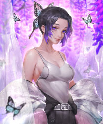 Rule 34 | 1girl, absurdres, bare shoulders, belt, black hair, breasts, bug, butterfly, butterfly hair ornament, camisole, cleavage, closed mouth, clothes around waist, collarbone, colored tips, commentary, demon slayer uniform, english commentary, eyelashes, flower, hair ornament, haori, highres, insect, jacket, jacket around waist, japanese clothes, kimetsu no yaiba, kochou shinobu, light particles, lips, looking at viewer, multicolored hair, off shoulder, purple eyes, purple hair, see-through clothes, sleeveless, smile, solo, streaked hair, tank top, tollrin-senpai, updo, upper body, wisteria