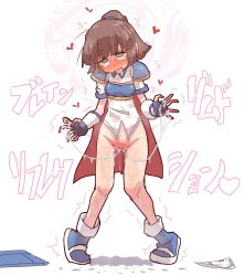 Rule 34 | 1girl, ahegao, armor, blue armor, blue boots, blunt bangs, blush, boots, bottomless, brown eyes, brown hair, cape, female masturbation, fingerless gloves, full-face blush, giga.linda, gloves, high ponytail, highres, masturbation, mind control, nose blush, panties, pointing, pointing at viewer, ponytail, pussy juice, pussy juice puddle, red cape, spread pussy, standing, tears, underwear, white background, white panties