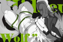 1boy abs absurdres animal_ears bara bare_pectorals boxers bulge dog_boy dolphin_shorts facial_hair feet_out_of_frame fingernails from_above furry furry_male goatee green_eyes grey_fur grin highres large_pectorals looking_at_viewer male_focus male_underwear mature_male mindscape_cinema_(zenless_zone_zero) muscular muscular_male navel nipples original pectorals sharp_fingernails short_hair shorts smile sollyz solo spot_color stomach tail thick_thighs thighs topless_male two-tone_fur underwear underwear_only upside-down white_fur wolf_boy wolf_ears wolf_tail