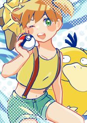 1girl asymmetrical_hair breasts creatures_(company) denim denim_shorts female_focus game_freak gen_1_pokemon green_eyes green_shorts hair_tie highres holding holding_poke_ball misty_(pokemon) nintendo one_eye_closed poke_ball pokemon pokemon_(anime) pokemon_(classic_anime) ponytail psyduck shirt short_hair short_shorts shorts side_ponytail small_breasts solo staryu suspender_shorts suspenders tank_top wink yellow_shirt