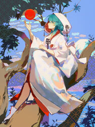 Rule 34 | 1girl, absurdres, blue eyes, blue hair, character request, copyright request, from side, hair bun, highres, hood, hood up, japanese clothes, kimono, long hair, looking at viewer, open mouth, sitting, sitting on branch, solo, twice12314, white kimono