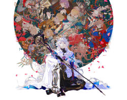 6+boys 6+girls abigail_williams_(fate) abigail_williams_(third_ascension)_(fate) aesc_(fate) aesc_(savior)_(fate) ahoge armor armored_dress artoria_pendragon_(fate) black_bow black_hair blonde_hair blue_eyes bow braid breasts cape chest_jewel collar dress earrings elbow_gloves excalibur_(fate/stay_night) eyeshadow eyeshadow_under_eye falling_petals fate/grand_order fate_(series) florence_nightingale_(fate) full_armor fur-trimmed_cape fur_trim gauntlets gilgamesh_(fate) gloves green_eyes grey_hair hair_between_eyes hair_over_one_eye hair_ribbon hat highres holding holding_sword holding_weapon hood hooded_robe horns jacket japanese_clothes jewelry karna_(fate) katana keyhole kimono king_hassan_(fate) leg_armor long_hair long_sleeves looking_at_viewer makeup mash_kyrielight mash_kyrielight_(demi-servant) mask merlin_(fate) miyamoto_musashi_(fate) multicolored_hair multiple_boys multiple_girls odysseus_(fate) official_art on_ground oni open_mouth orange_bow parted_bangs petals pink_eyes pink_hair promotional_art purple_eyes red_eyes red_eyeshadow red_hair revealing_clothes ribbon robe saber_(fate) second-party_source sherlock_holmes_(fate) short_hair shuten_douji_(fate) sitting skin-covered_horns skull_mask smile spiked_collar spikes staff streaked_hair sword taiki_(luster) third_eye very_long_hair weapon white_background white_hair white_robe witch_hat