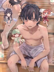 Rule 34 | 2boys, 3girls, ahoge, barefoot, bench, black gloves, black hair, blue one-piece swimsuit, chibi, chibi inset, feet, fingerless gloves, gloves, green hat, green kimono, hand fan, hat, highres, hikigaya hachiman, holding, holding fan, holding hose, hose, isshiki iroha, japanese clothes, kimono, male focus, multiple boys, multiple girls, naked towel, navel, one-piece swimsuit, open mouth, paper fan, ponkan 8, red kimono, sanpaku, sauna, short hair, sitting, spread legs, sweat, swimsuit, topless male, towel, towel around waist, uchiwa, wooden bench, yahari ore no seishun lovecome wa machigatteiru., yuigahama yui, yukata, yukinoshita yukino, zaimokuza yoshiteru