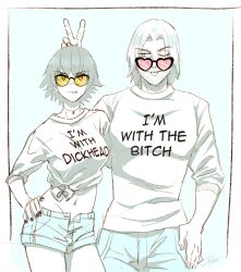 2girls beard_stubble blue_eyes breasts bunny_ears_prank clothes_writing commentary dante_(devil_may_cry) devil_may_cry_(series) devil_may_cry_5 english_commentary facial_hair green_eyes hand_on_own_hip heart heart-shaped_eyewear heterochromia highres jewelry jumpoon lady_(devil_may_cry) limited_palette medium_breasts multiple_girls nail_polish navel necklace necktie one_eye_closed open_fly pink-tinted_eyewear red_eyes short_hair short_shorts shorts signature stubble sunglasses tinted_eyewear tongue tongue_out yellow-tinted_eyewear