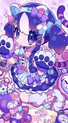 1girl absurdres animal_ears animal_hands apron bandaid blue_bow blue_dress bow bowtie cat_ears closed_mouth commentary_request controller dress fake_animal_ears frills game_controller gloves hair_bow hair_ornament hairclip heart highres koh_jin looking_at_viewer loose_socks multicolored_hair original paw_gloves paw_shoes pink_bow polka_dot polka_dot_bow puffy_short_sleeves puffy_sleeves purple_bow purple_eyes purple_hair short_sleeves sidelocks sitting socks solo sparkle stuffed_animal stuffed_toy suspenders tail teddy_bear twintails wariza white_hair white_socks