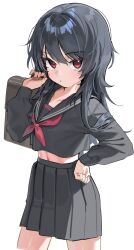 1girl aged_down bag black_hair black_sailor_collar black_serafuku black_shirt black_skirt brown_bag cardigan commentary_request cropped_shirt expressionless grey_cardigan hand_on_own_hip holding holding_bag kanzarin kisaragi_ren_(5th_costume) kisaragi_ren_(vtuber) long_sleeves looking_at_viewer midriff navel neckerchief official_alternate_costume pleated_skirt red_eyes red_neckerchief sailor_collar school_uniform serafuku shirt simple_background skirt solo virtual_youtuber vspo!