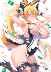 1girl :d animal_ears armpits arms_up blonde_hair blush braid breasts capelet card cleavage covered_navel detached_collar embarrassed fairy fake_animal_ears gloves green_eyes hair_ribbon heart high_heels highres jumping kawase_seiki knees_together_feet_apart large_breasts leafa_(sao) leotard long_ears long_hair neck_ribbon nipples one_eye_closed open_mouth playboy_bunny playing_card pointy_ears ponytail rabbit_ears rabbit_girl rabbit_pose rabbit_tail ribbon shiny_skin sidelocks smile solo sparkle sword_art_online tail thighhighs thighs torn_capelet torn_clothes torn_leotard torn_thighhighs very_long_hair white_background