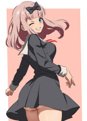 1girl ass blue_eyes breasts clenched_hand fujiwara_chika grin hair_ribbon highres kaguya-sama_wa_kokurasetai_~tensai-tachi_no_renai_zunousen~ large_breasts legs looking_at_viewer looking_back no_panties one_eye_closed pink_hair ribbon school_uniform sideboob skirt smile solo thick_thighs thighs wink