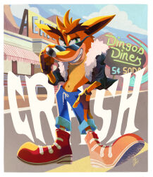 1boy animal artist_name bad_tag black_jacket blue_pants border brown_gloves character_name cloud commentary_request crash_bandicoot crash_bandicoot_(series) dated fingerless_gloves full_body gloves green_eyes grin hand_on_own_hip highres jacket looking_at_viewer m516 navel orange_fur outdoors pants red_shoes shoes smile solo sunglasses white_border
