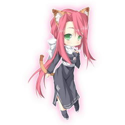 1girl animal_ears cat_ears cat_tail chibi dress eiyuu_densetsu falcom female_focus full_body green_eyes jewelry kemonomimi_mode long_hair necklace no_nose nun ponytail red_hair rufina_argent saru shoes smile solo sora_no_kiseki tail white_background
