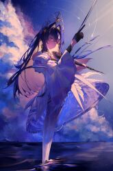 Rule 34 | 1girl, absurdres, black gloves, blonde hair, blue hair, blue sky, bow (music), closed eyes, clothing cutout, cloud, colored inner hair, cumulonimbus cloud, dress, feet out of frame, from side, gloves, gradient pantyhose, gudok, hair intakes, hair ornament, hands up, highres, holding, holding bow (music), holding instrument, instrument, ir0 0616, juliet sleeves, kokoshnik, long hair, long sleeves, multicolored hair, official alternate costume, pantyhose, print pantyhose, puffy sleeves, reverse:1999, short dress, shoulder cutout, single glove, sky, smile, solo, standing, star (symbol), star hair ornament, starry sky print, very long hair, voyager (choir of the stars) (reverse:1999), voyager (reverse:1999), wading, water, white dress, white pantyhose, wide sleeves