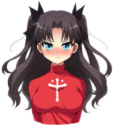 1girl black_hair blue_eyes blush breasts fate/stay_night fate_(series) hair_ribbon highres long_hair long_sleeves looking_at_viewer medium_breasts nel-c red_sweater ribbon simple_background solo sweater tohsaka_rin two_side_up upper_body wavy_mouth white_background