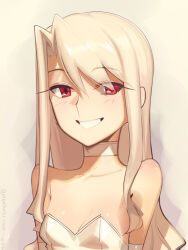 1girl bare_shoulders blush boa_(brianoa) breasts choker dress fate/stay_night fate_(series) illyasviel_von_einzbern long_hair looking_at_viewer red_eyes small_breasts smile solo white_dress white_hair