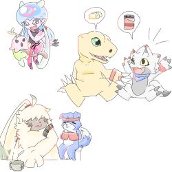 Rule 34 | agumon (digimon savers), angoramon, boxing gloves, chocolate, cottoncollie, digimon, digimon (creature), digimon ghost game, digimon savers, floating, gammamon, gaomon, highres, jellyfish girl, jellymon, lalamon, monster girl, simple background, tea, tentacle hair, tentacles, white background